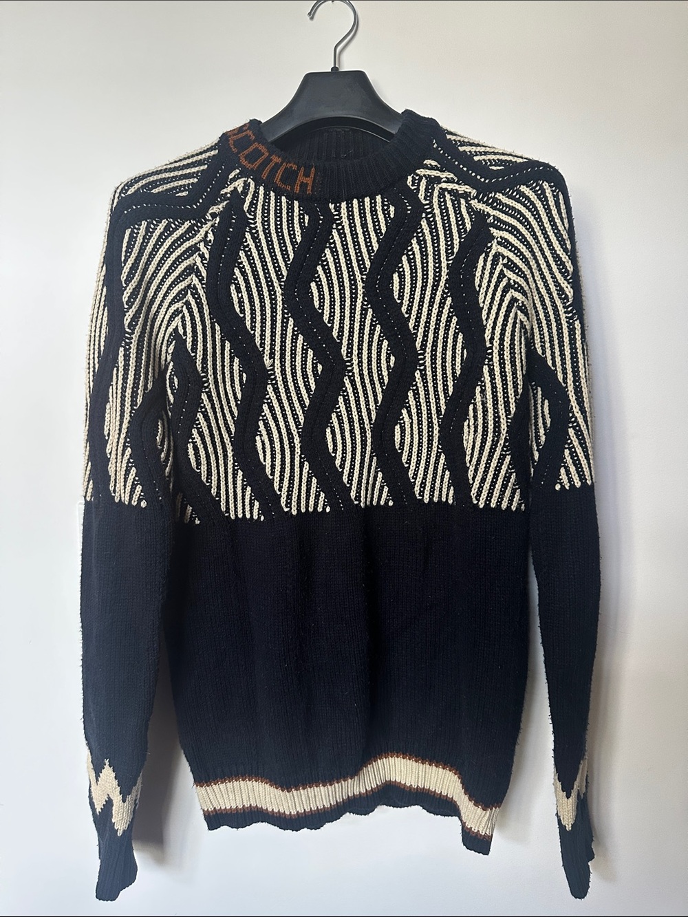 Scotch & Soda Black and Cream Zigzag Crewneck Sweater with Contrast Trim